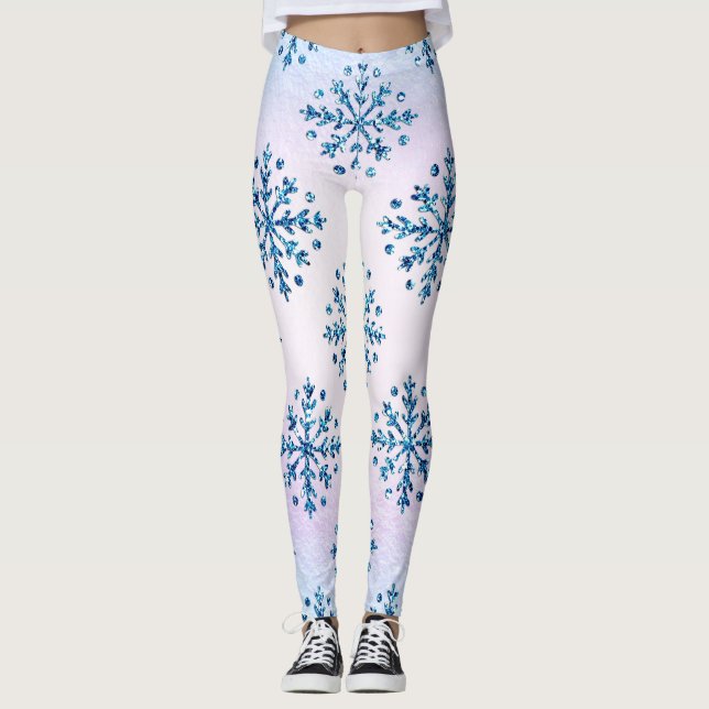 Weihnachtseis Blauer Schneeflocken Irisierend Leggings (Vorderseite)