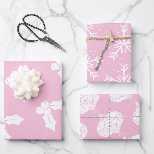 Weihnachtselemente auf rosa Wrapping Paper Geschenkpapier Set (Vorderseite)