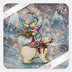 Weihnachtself auf Eisbär Geschenkanhänger Quadratischer Aufkleber
