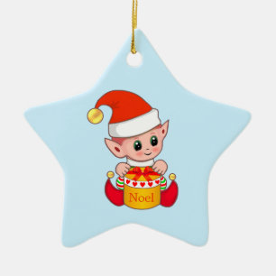 Weihnachtself auf Hellblau Keramik Ornament