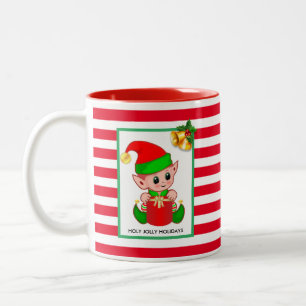 Weihnachtself auf Rot Weiß Streifen Zweifarbige Tasse