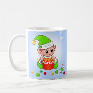 Weihnachtself & Christbaumkugeln auf hellblau Kaffeetasse