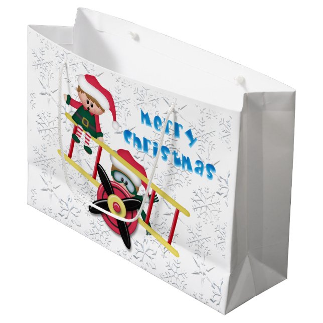 Weihnachtself Flugzeug große Geschenktasche Geschenktüte (Vorderseite Schrägansicht)