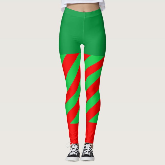 Weihnachtself Grüner Roter Diagonal Strip Leggings (Vorderseite)