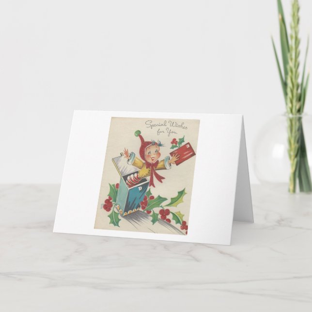 Weihnachtself in einer Schachtel Feiertagskarte (Vorderseite)