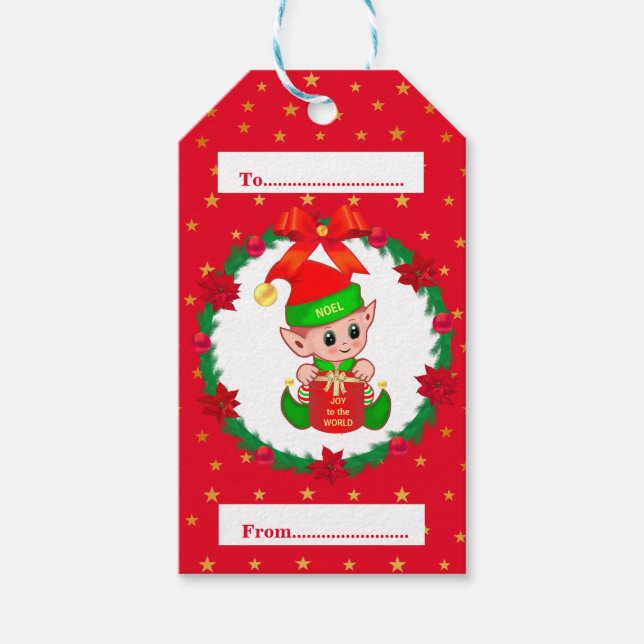 Weihnachtself, Kiefernkranz, Poinsettias & Stars Geschenkanhänger (Vorderseite)