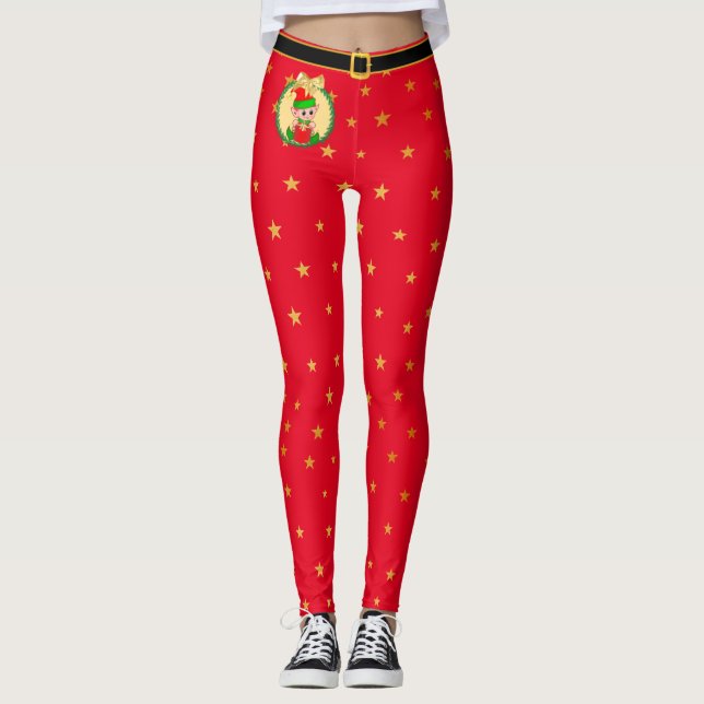 Weihnachtself, Kiefernkranz und Sterne auf Rot Leggings (Vorderseite)