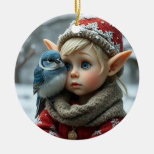 Weihnachtself mit Blaumeise Keramik Ornament
