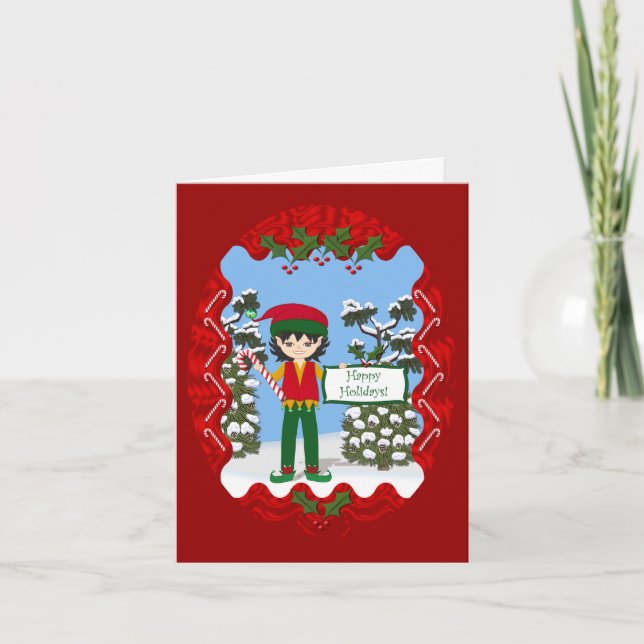 Weihnachtself mit Candy Canes Card Feiertagskarte (Vorderseite)