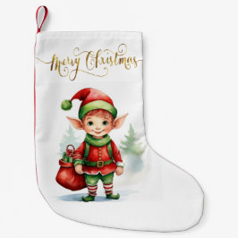 Weihnachtself mit einem Sack von Geschenken Kleiner Weihnachtsstrumpf