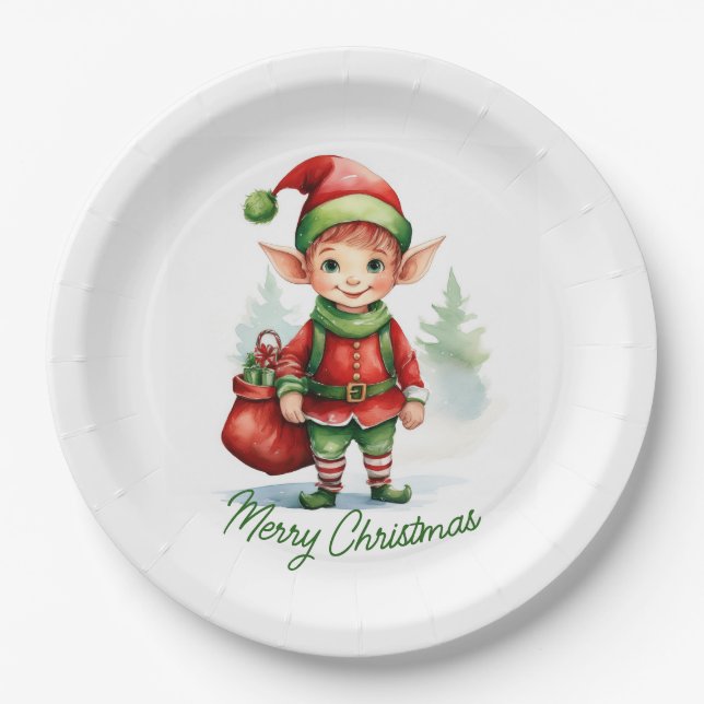 Weihnachtself mit einem Sack von Geschenken Pappteller (Vorderseite)