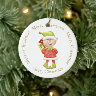 Weihnachtself mit Gegenwart Keramik Ornament