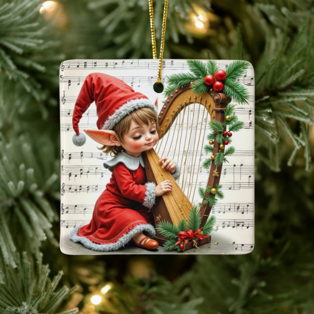 Weihnachtself spielt eine Harfe Keramikornament (Baum)