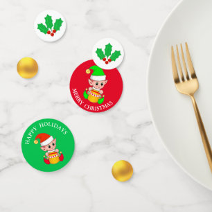 Weihnachtself, Stechpalmenbeere und goldener Tisch Konfetti
