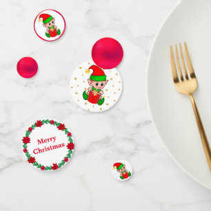 Weihnachtself, Tannenkranz. rote Kugeln & Sterne Konfetti