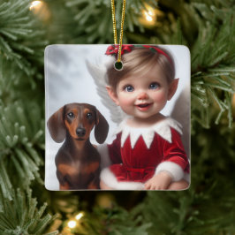 Weihnachtself und Dackel Keramikornament