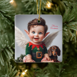 Weihnachtself und Dackel Keramikornament
