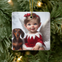 Weihnachtself und Dackel Keramikornament