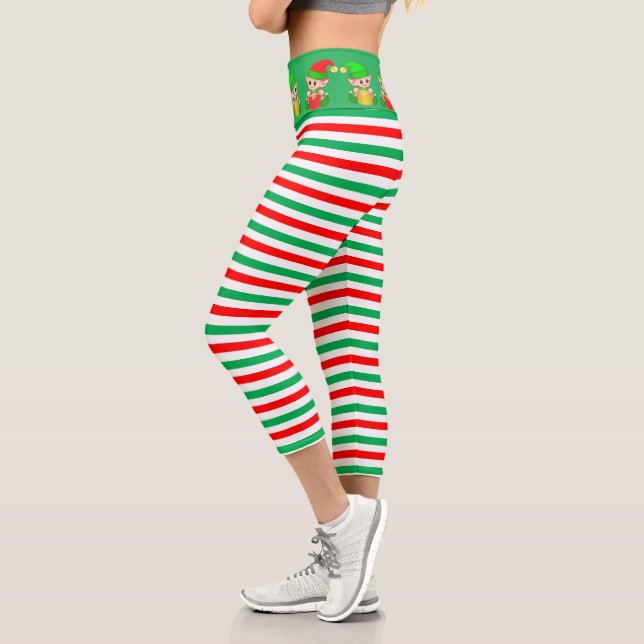 Weihnachtself und grün, rot, weiß gestreift capri leggings (Links)
