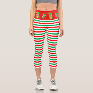 Weihnachtself und grün, rot, weiß gestreifter Capr Capri Leggings