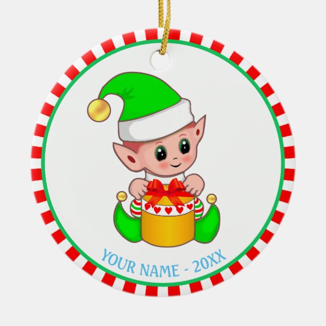 Weihnachtself und Individuelle Name Keramik Ornament (Vorne)