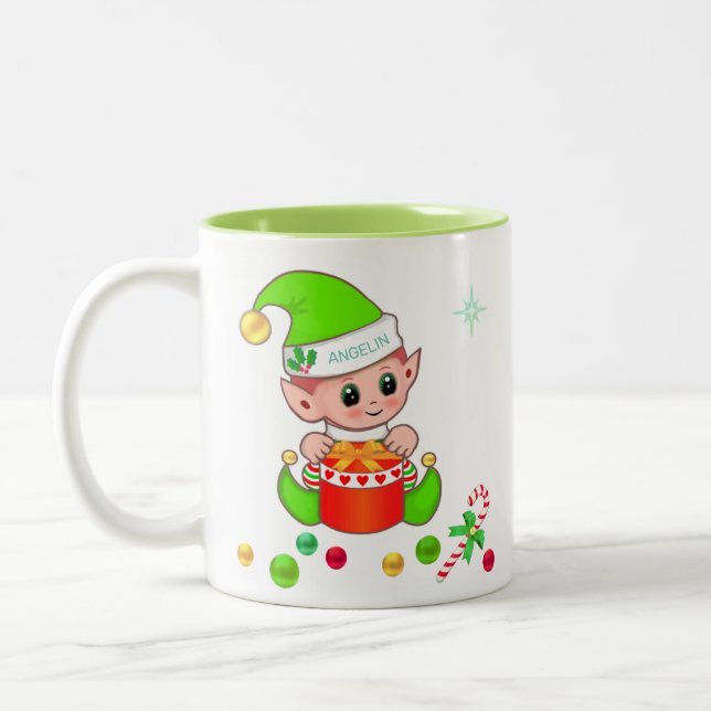 Weihnachtself, Zuckerrohr und Weihnachtsbällchen Zweifarbige Tasse (Links)