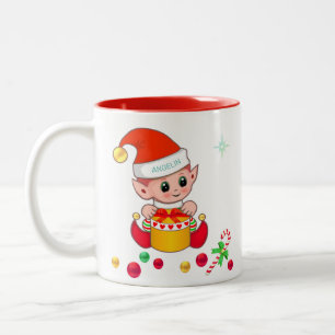 Weihnachtself, Zuckerstange & Weihnachtskugeln Zweifarbige Tasse