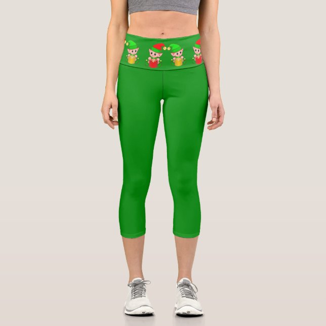Weihnachtselfen auf Grün Capri Leggings (Vorderseite)