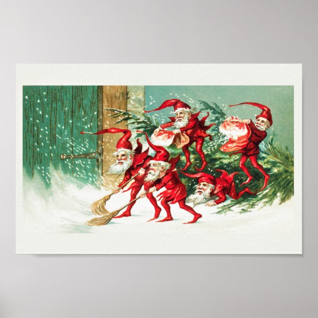 Weihnachtselfen fegen Schnee Poster (Vorne)