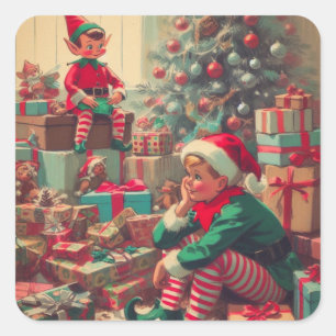 Weihnachtselfen im Retro-Stil Quadratischer Aufkleber