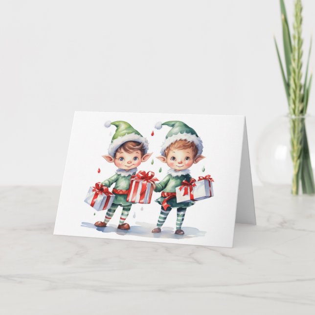 Weihnachtselfen in Aquarellen mit Geschenken Feiertagskarte (Vorderseite)
