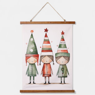 Weihnachtselfen in festlichen Hasen Wandteppich Mit Holzrahmen