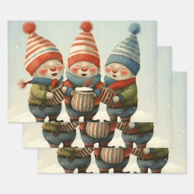 Weihnachtselfen spielen musikalische Trommeln Geschenkpapier Set (Set)