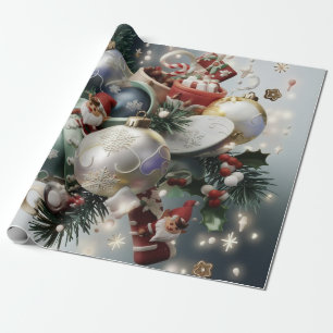 Weihnachtselfen und Ornamente Geschenkpapier