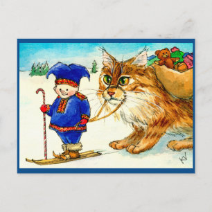 Weihnachtseltrollkatze auf Ski Postkarte