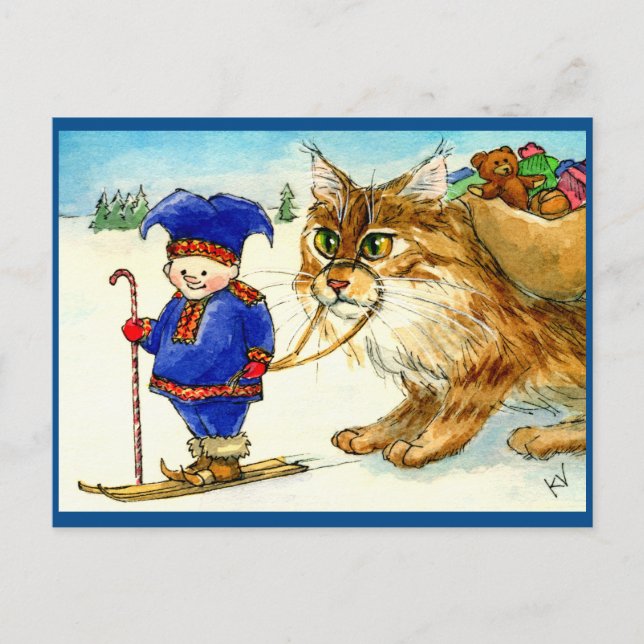 Weihnachtseltrollkatze auf Ski Postkarte (Vorderseite)