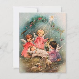 Weihnachtsengel bewachen Jesuskind im Vintage-Stil Feiertagskarte