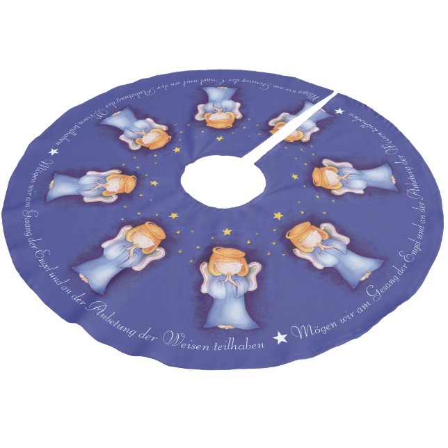 Weihnachtsengel-Girl betet deutsch-blau Polyester Weihnachtsbaumdecke (Schrägansicht)