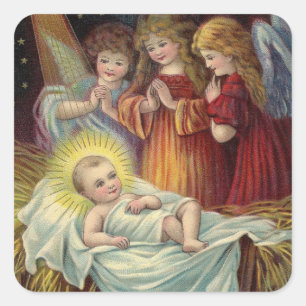 Weihnachtsengel grüßen das Jesuskind Vintage-Bild Quadratischer Aufkleber