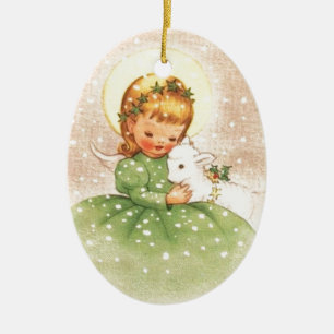 Weihnachtsengel-Mädchen mit Baby-Lamm im Vintage-S Keramik Ornament