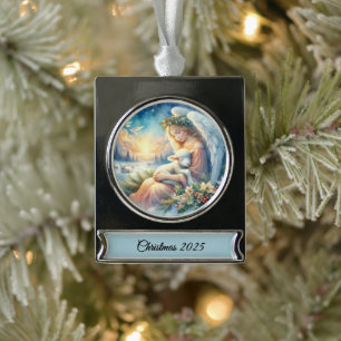 Weihnachtsengel mit Lamm in winterlicher Ruhe Banner-Ornament Silber