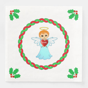 Weihnachtsengel & Stechpalmenblätter auf weiß Serviette