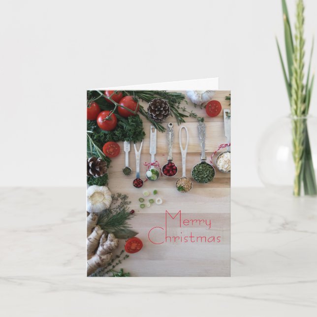 Weihnachtsessen, Kräuter, Gewürze, Tomaten, Feiertagskarte (Vorderseite)