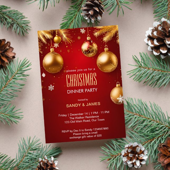 Weihnachtsessen Party Gold und Rot Baubles Einladung (Christmas dinner party template invitation digital download red and gold chic elegant Christmas card)