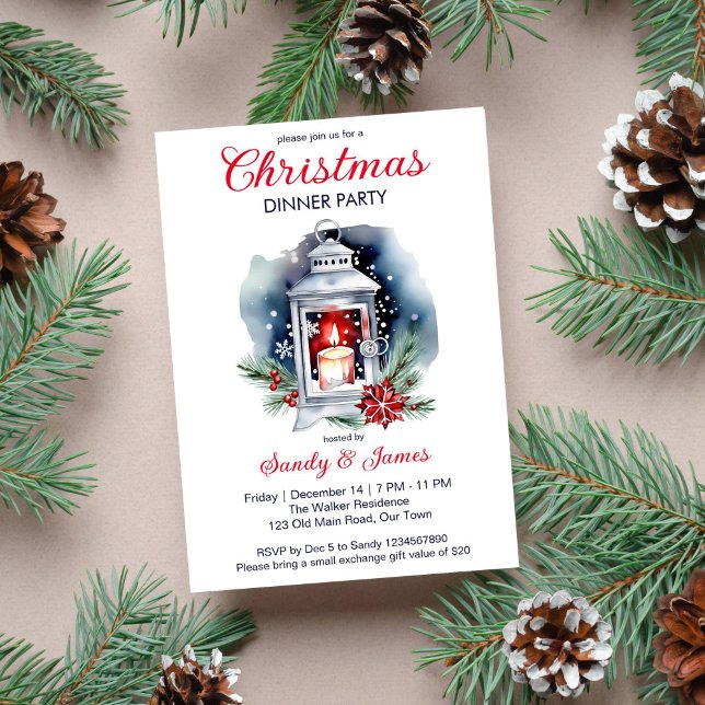 Weihnachtsessen Party Laternenpoinsettia Einladung (Christmas dinner party classical template invitation Christmas lantern candle poinsettia snowflakes )