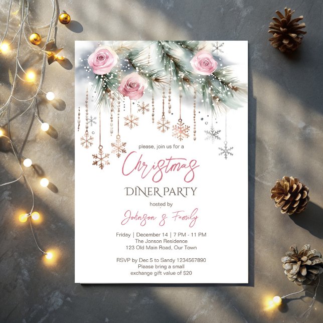 Weihnachtsessen Party Pastellrosa Rosa Gold Einladung (Christmas dinner party pastel pink rose gold invitation template snowflakes pines Christmas party)