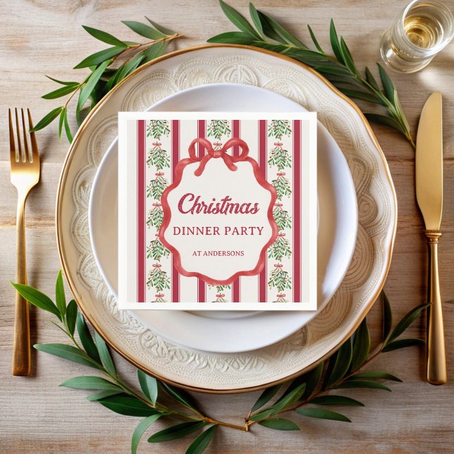 Weihnachtsessen Party Retrostreifen Monogramm Serviette (Christmas dinner party red retro stripes monogrammed printed napkins personalized Christmas decor)