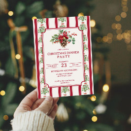 Weihnachtsessen Party Rote Retrostreifen Pinienbog Einladung