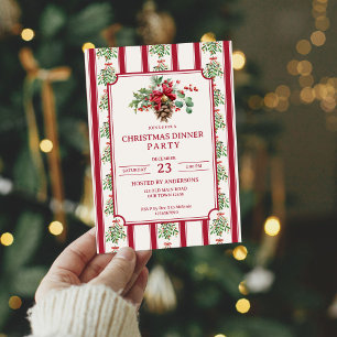 Weihnachtsessen Party Rote Retrostreifen Pinienbog Einladung