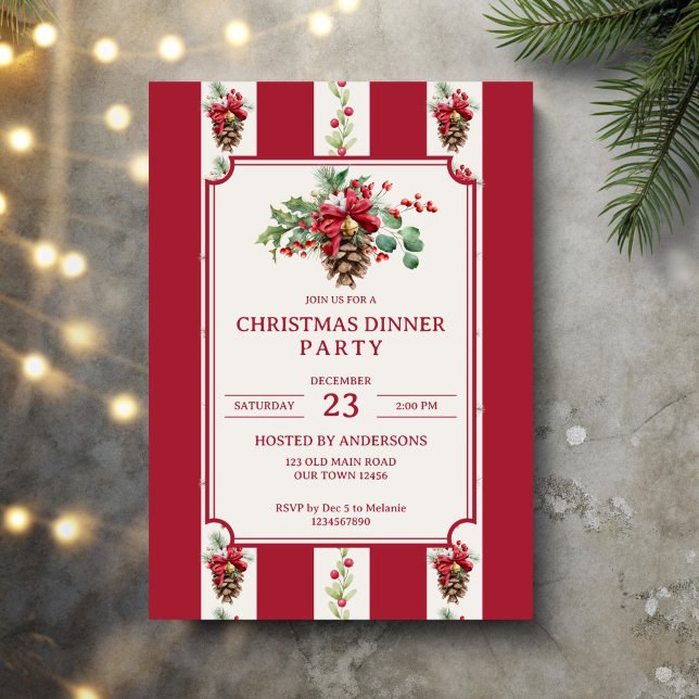 Weihnachtsessen Party Rote Retrostreifen Pinienbog Einladung (Christmas dinner party red retro stripes pine cone bow winter greenery elegant party invitation card)